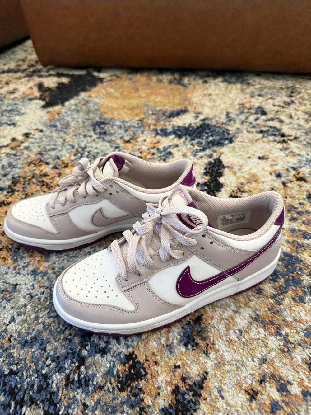 Nike Dunk Low-Top Sneakers in White, Mauve, and Purple Accents